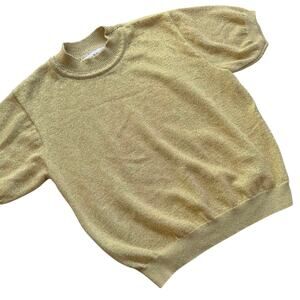 Vtg 90s Norton McNaughton Gold Metallic Knit Short Sleeve Sweater Top Small